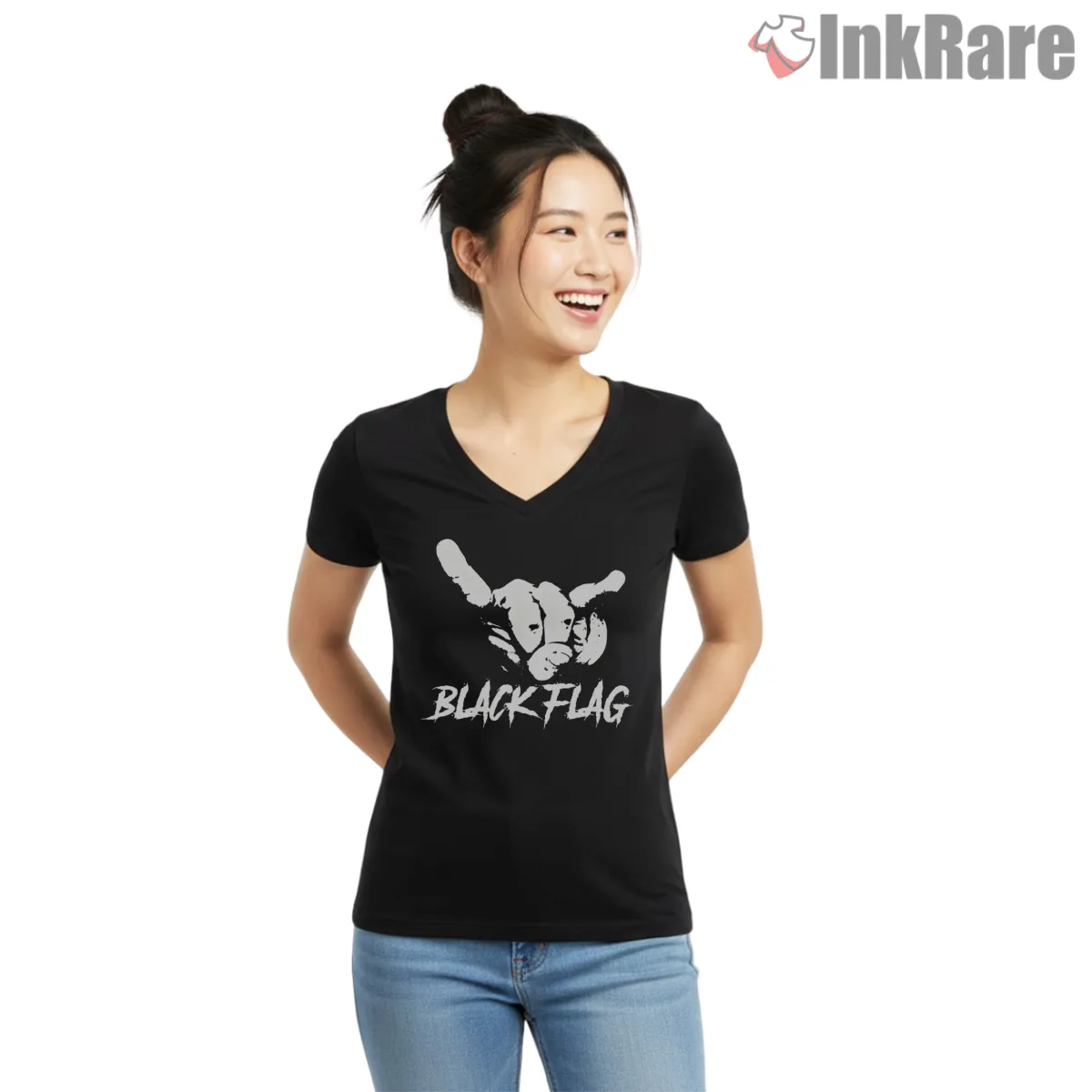 Black Flag Horns Of Rebellion Icon V Neck Black Black Flag Horns Of Rebellion Icon Shirt on black v-neck shirt for women graphic tee