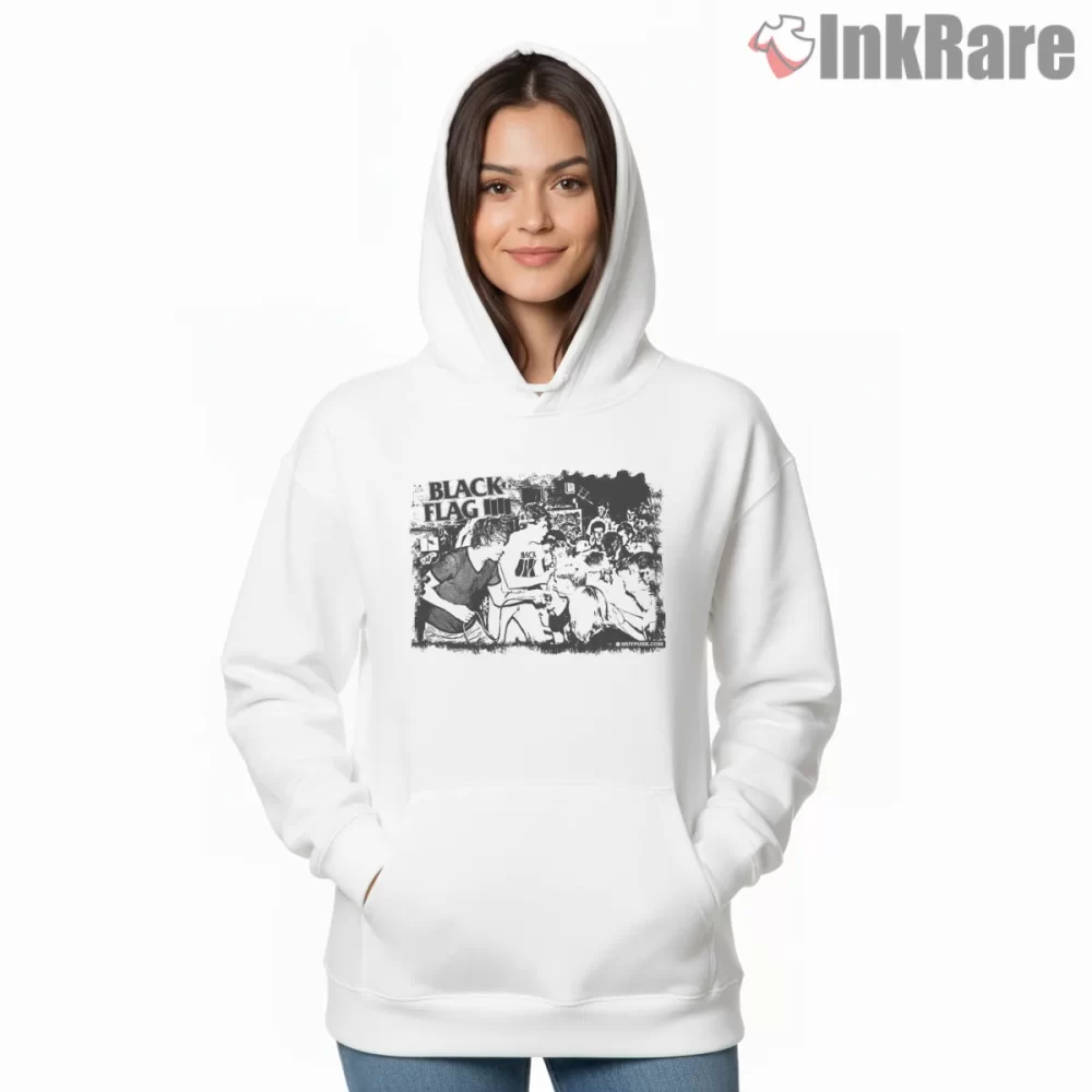 Black Flag Live Crowd Chaos Shirt on white hoodie for women graphic tee