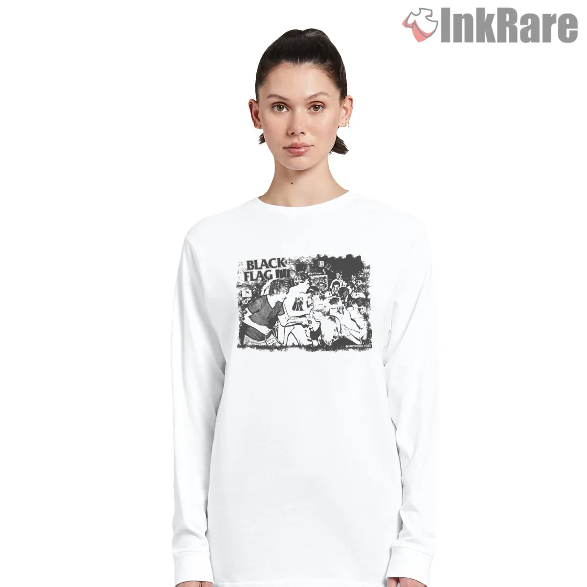 Black Flag Live Crowd Chaos Long Sleeve White Black Flag Live Crowd Chaos Shirt on white long sleeve shirt for women graphic tee