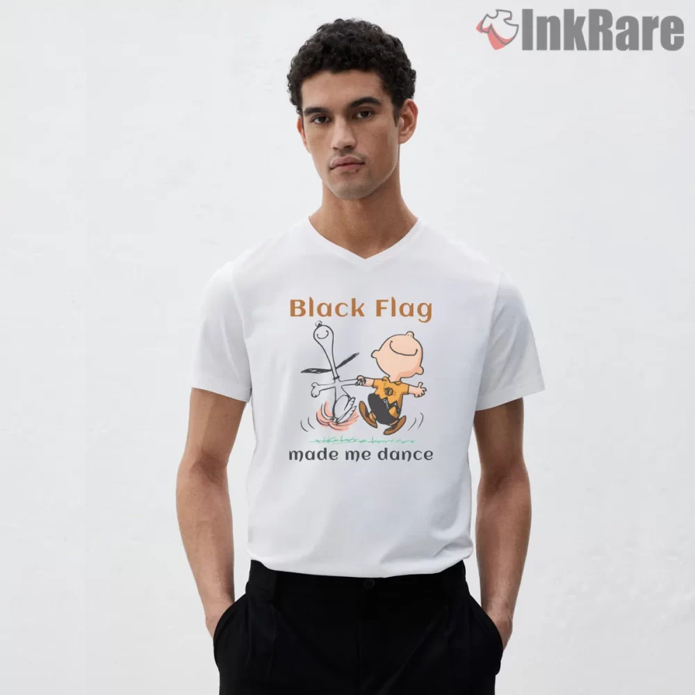Black Flag Made Me Dance Cartoon Music Shirt on white v-neck shirt for men graphic tee