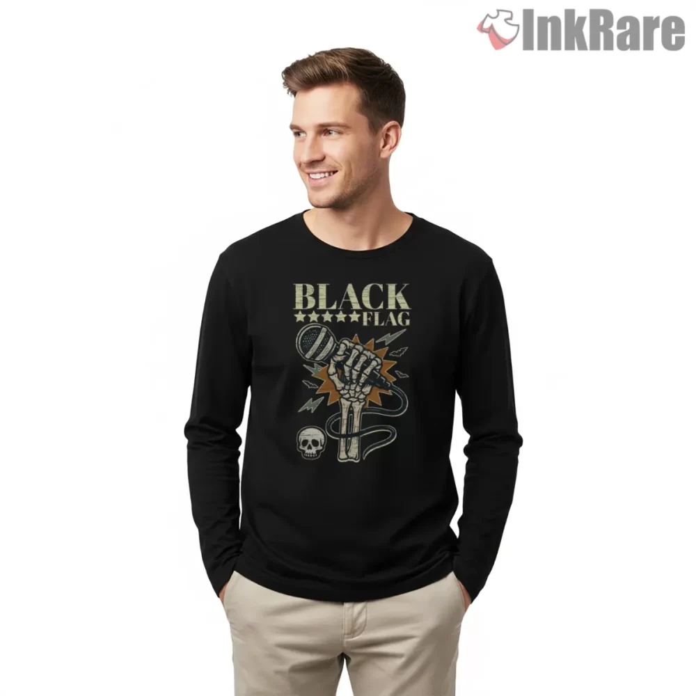 Black Flag Mic Blast Punk Anthem Shirt on black long sleeve shirt for men graphic tee