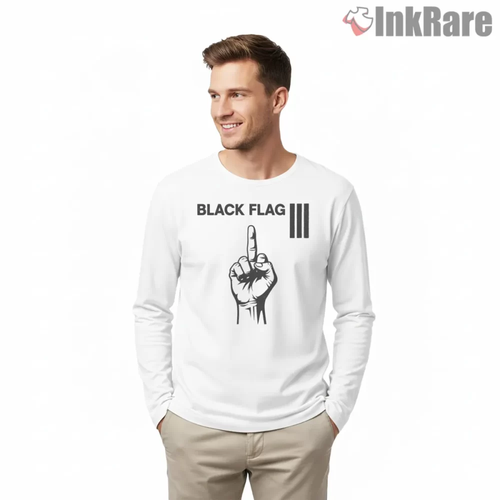 Black Flag Middle Finger Icon Shirt on white long sleeve shirt for men graphic tee