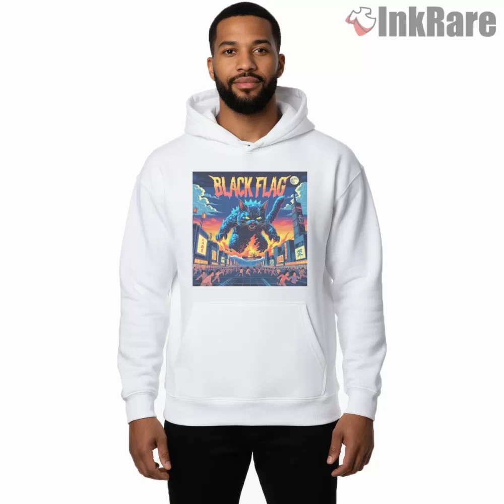 Black Flag Monster Cat City Rampage Shirt on white hoodie for men graphic tee