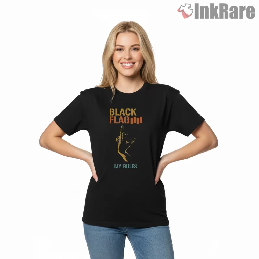 Black Flag My Rules Graphic Shirt on black short sleeve shirt for women graphic tee