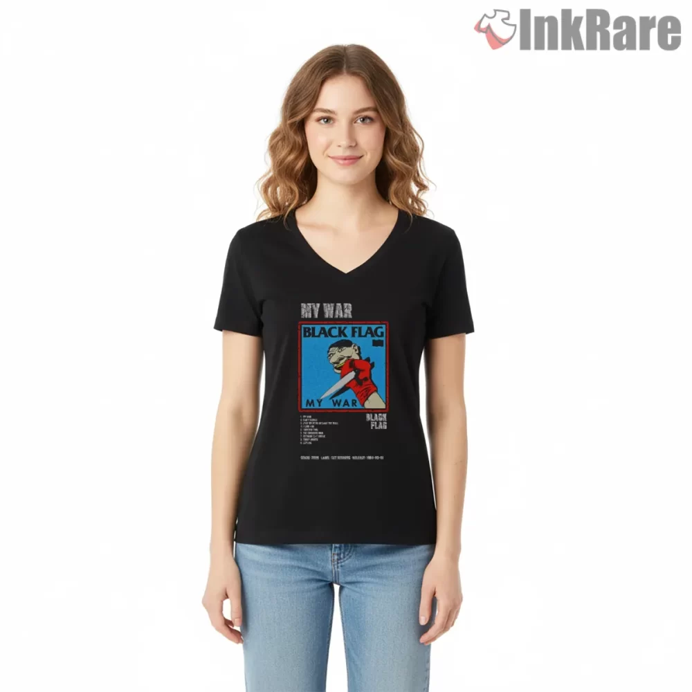 Black Flag My War Tracklist Album Shirt on black v-neck shirt for women graphic tee