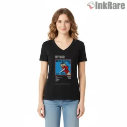 Black Flag My War Tracklist Album Shirt on black v-neck shirt for women graphic tee