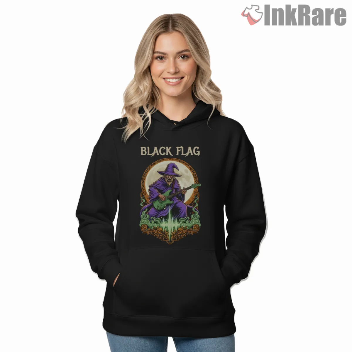 Black Flag Mystic Wizard Guitar Shirt on black hoodie for women graphic tee