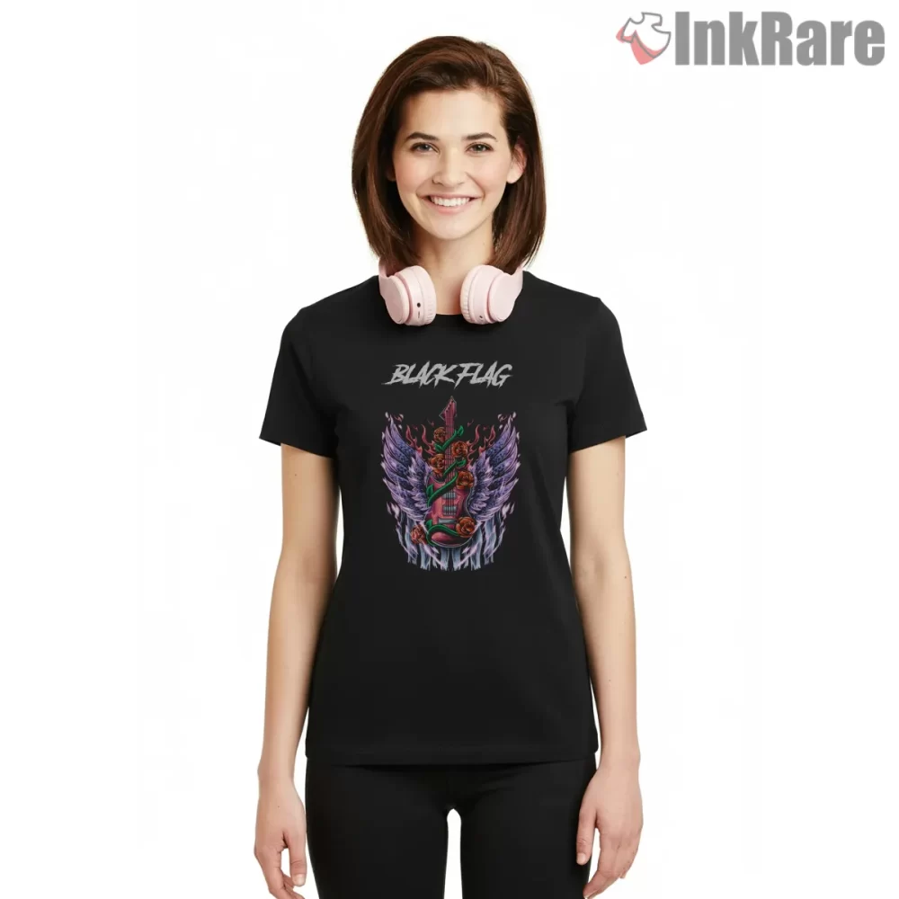 Black Flag Neon Rose Winged Guitar Shirt on black short sleeve shirt for women graphic tee