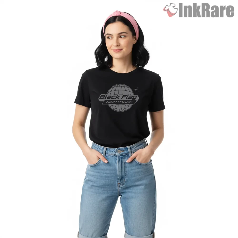Black Flag Nightmare Globe Art Shirt on black short sleeve shirt for women graphic tee