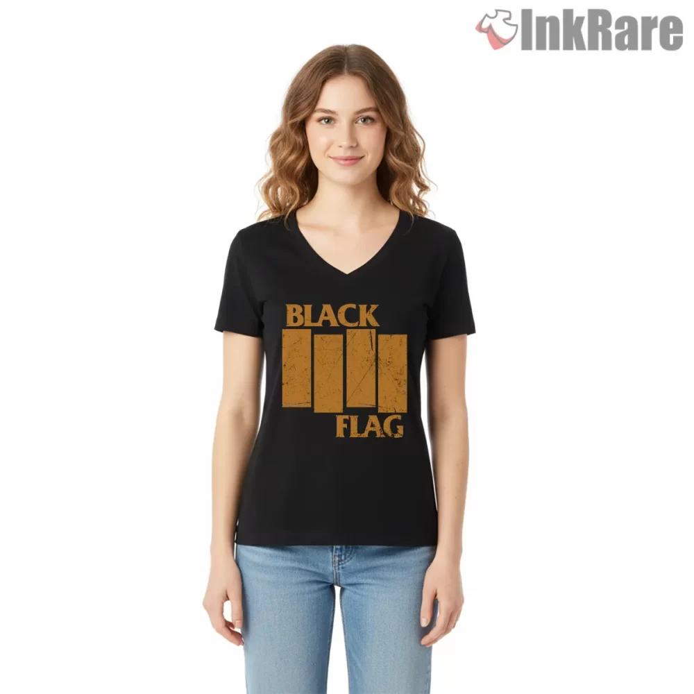 Black Flag Orange Distressed Bars Shirt on black v-neck shirt for women graphic tee