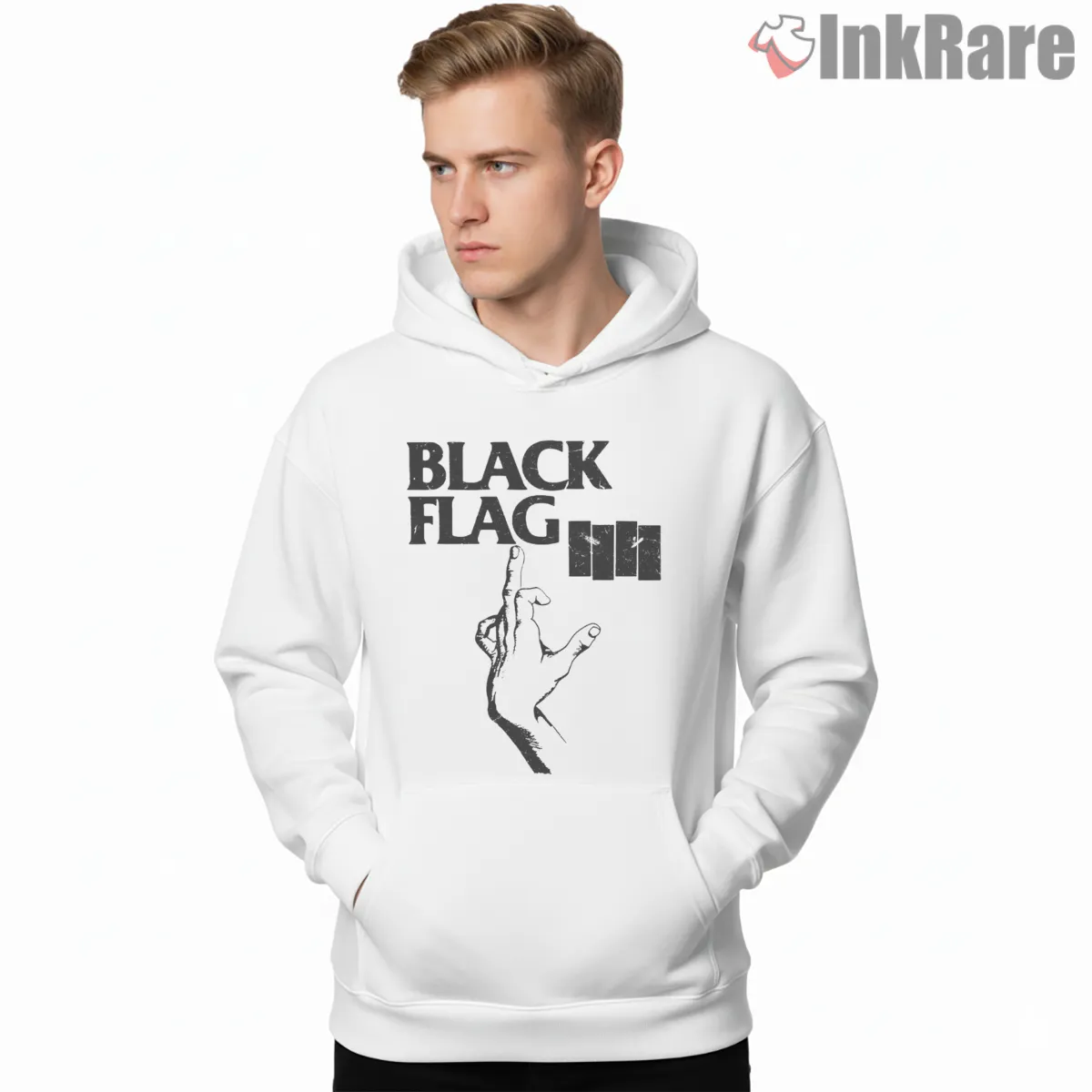 Black Flag Pointing Hand Logo Shirt on white hoodie for men graphic tee