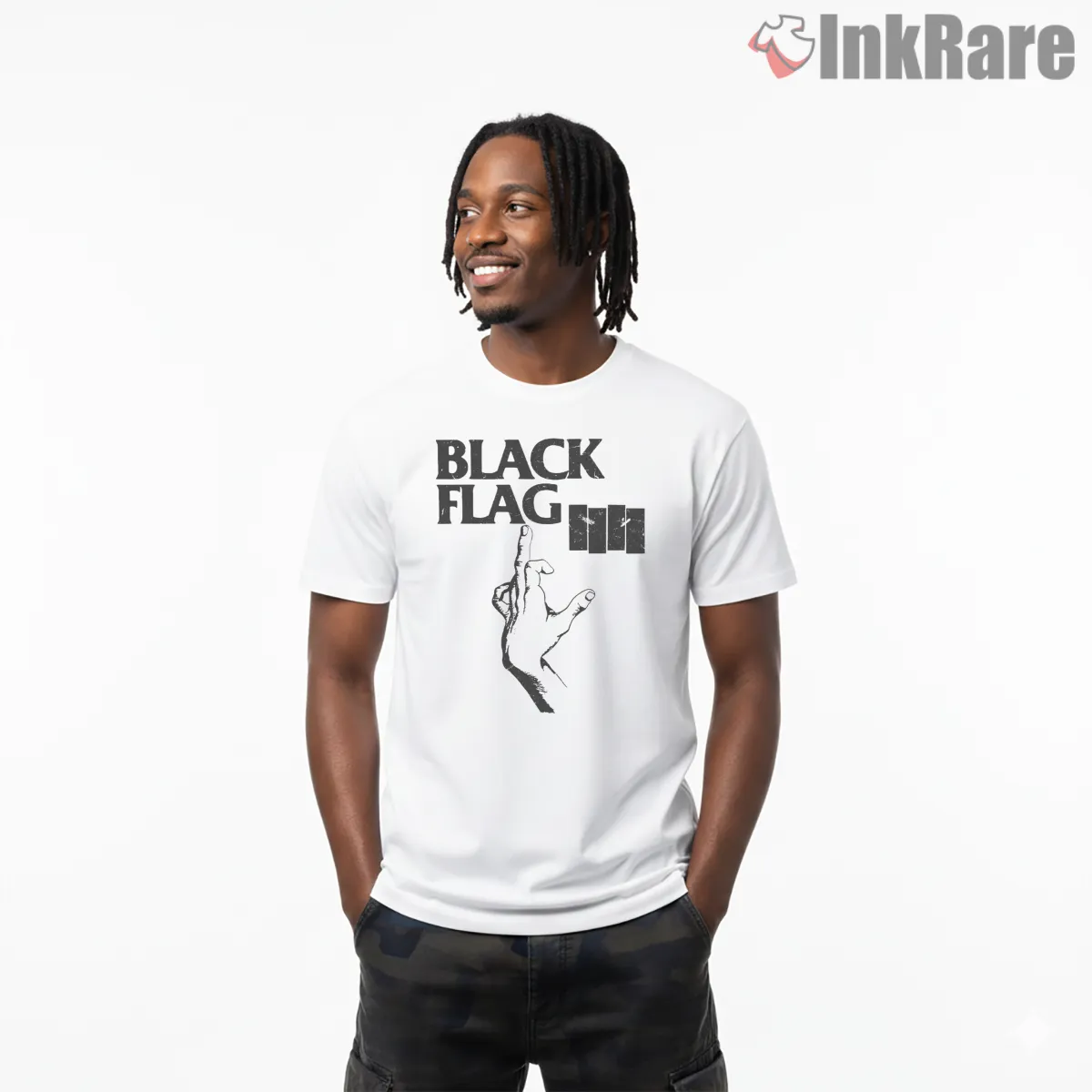 Black Flag Pointing Hand Logo Short Sleeve White Black Flag Pointing Hand Logo Shirt on white short sleeve shirt for men graphic tee