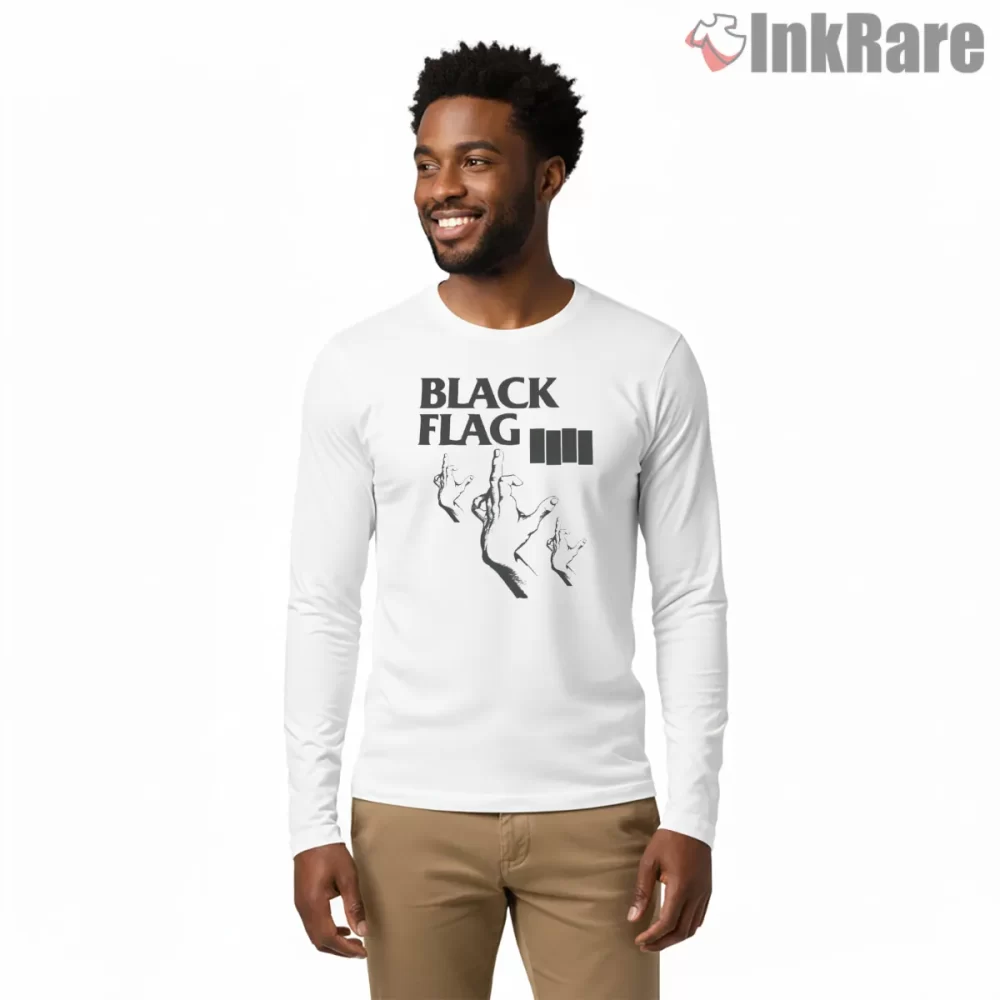 Black Flag Reaching Hands Vintage Logo Shirt on white long sleeve shirt for men graphic tee