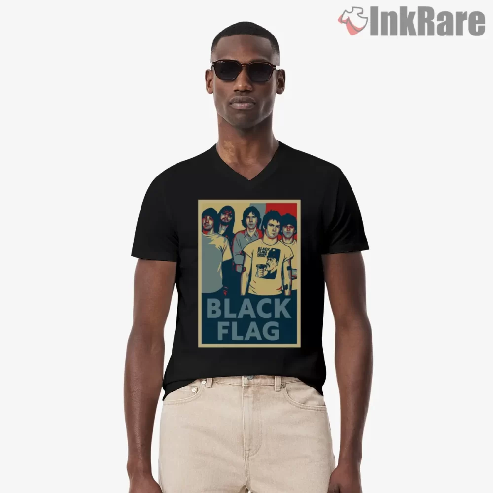 Black Flag Retro Band Portrait Shirt on black v-neck shirt for men graphic tee