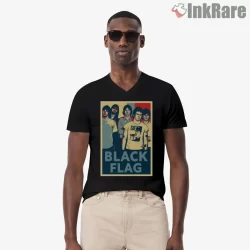 Black Flag Retro Band Portrait Shirt on black v-neck shirt for men graphic tee