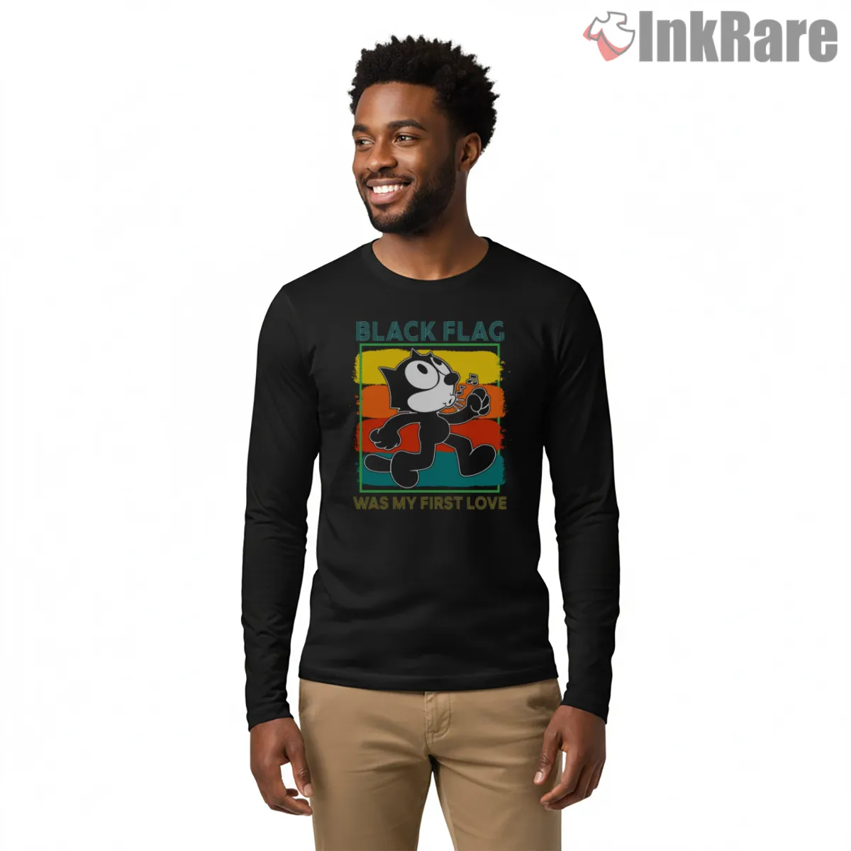 Black Flag Retro Cat First Love Shirt on black long sleeve shirt for men graphic tee