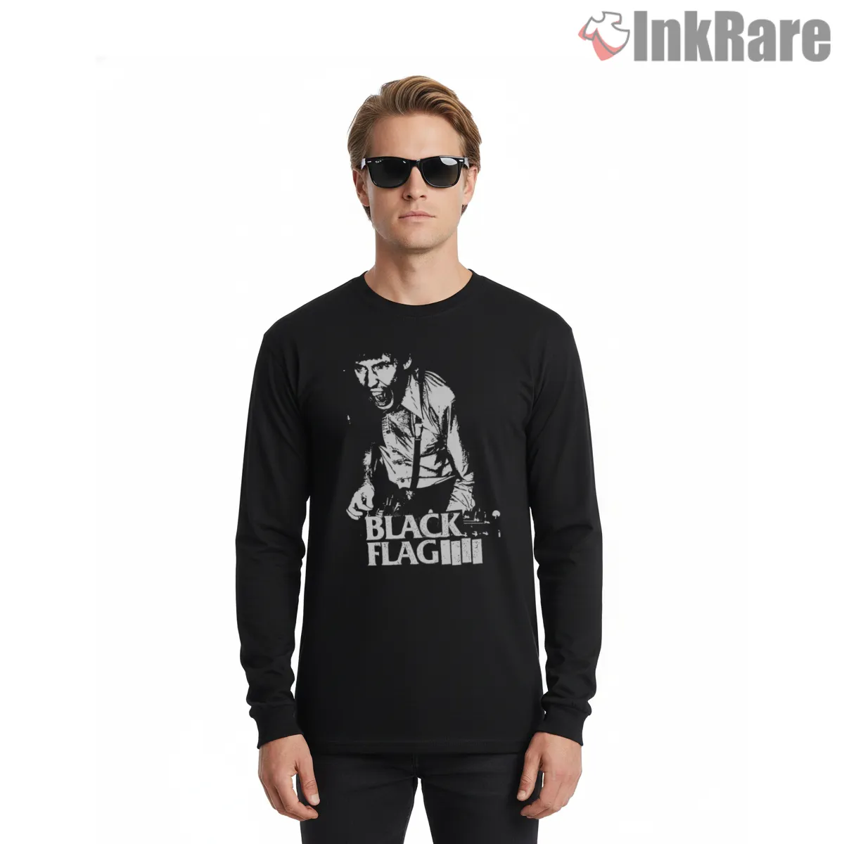 Black Flag Retro Screaming Vocalist Shirt on black long sleeve shirt for men graphic tee
