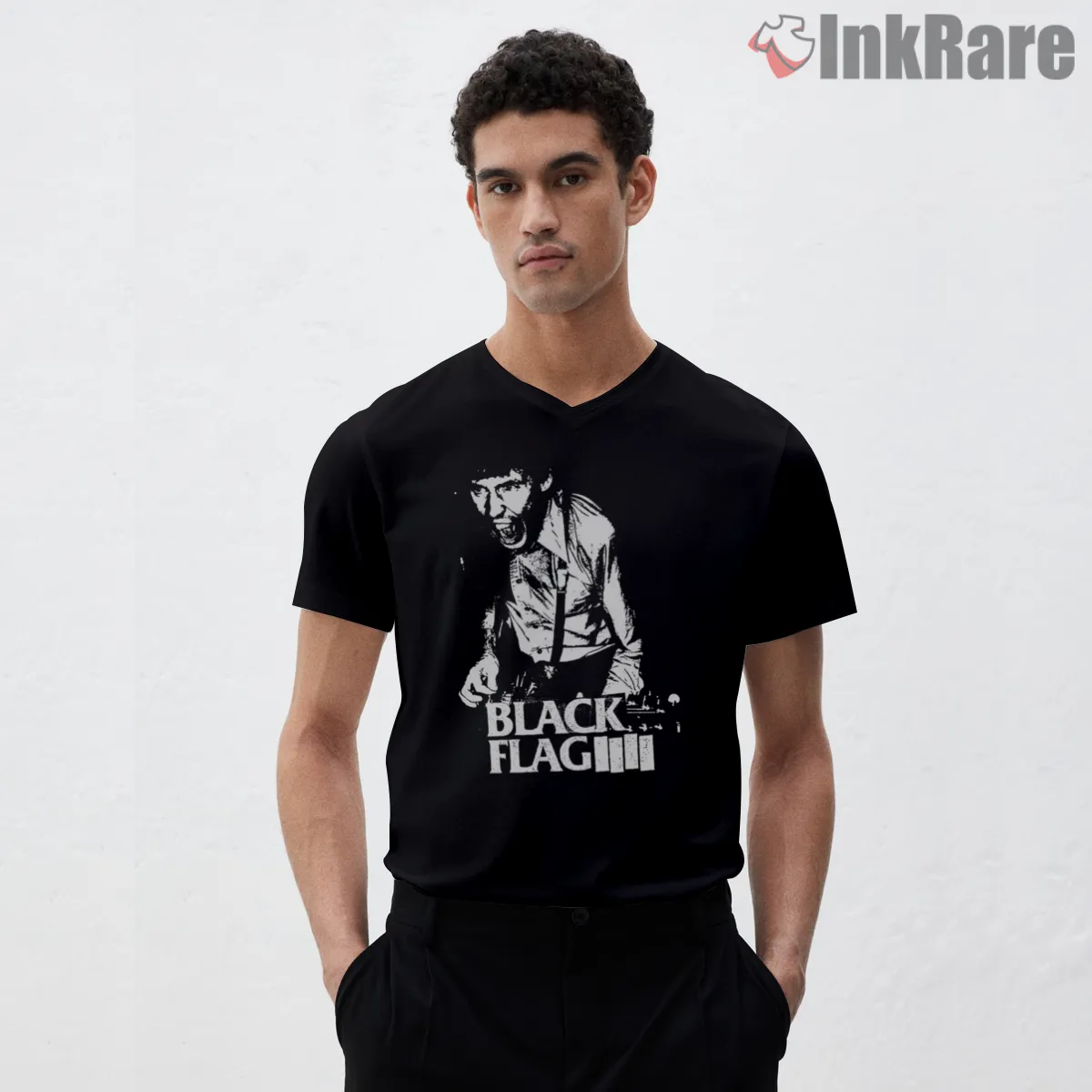 Black Flag Retro Screaming Vocalist V Neck Black Black Flag Retro Screaming Vocalist Shirt on black v-neck shirt for men graphic tee