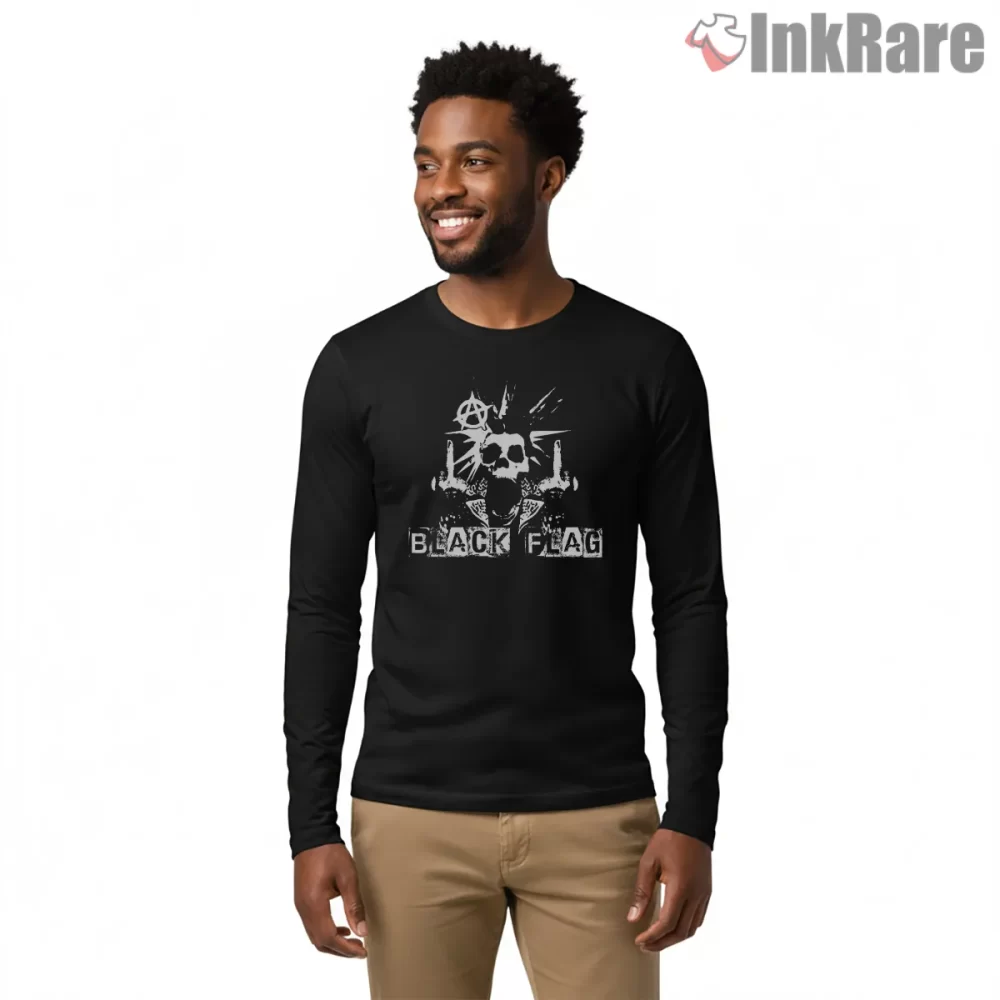 Black Flag Skeletopunk Anarchy Skull Shirt on black long sleeve shirt for men graphic tee