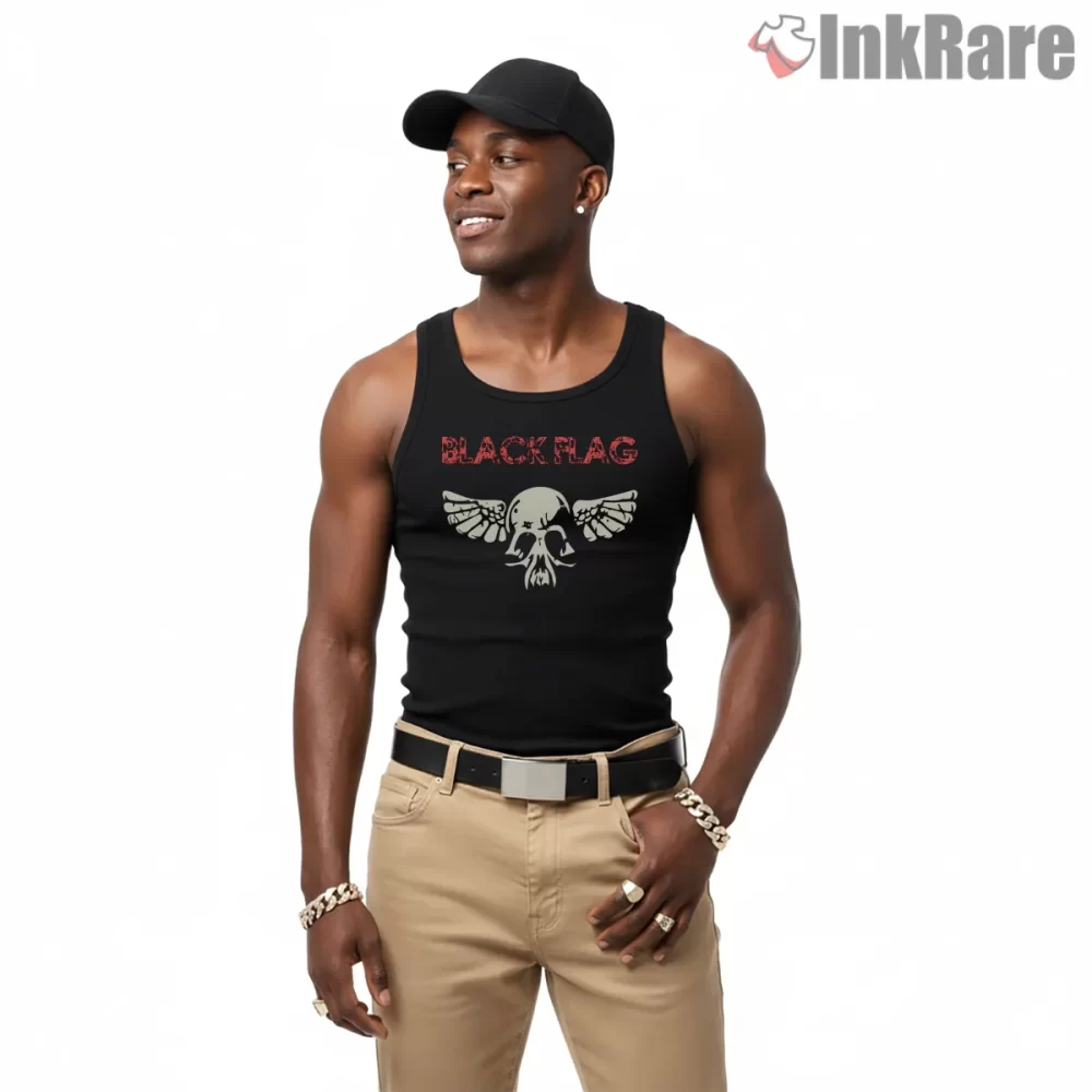 Black Flag Skull And Wings Logo Shirt on black tank top for men graphic tee
