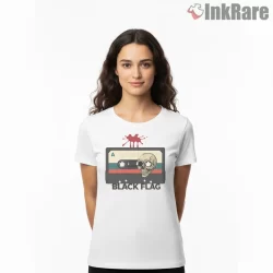 Black Flag Skull Cassette Blood Splatter Shirt on white short sleeve shirt for women graphic tee
