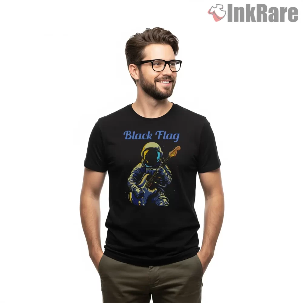 Black Flag Space Astronaut Guitar Shirt on black short sleeve shirt for men graphic tee