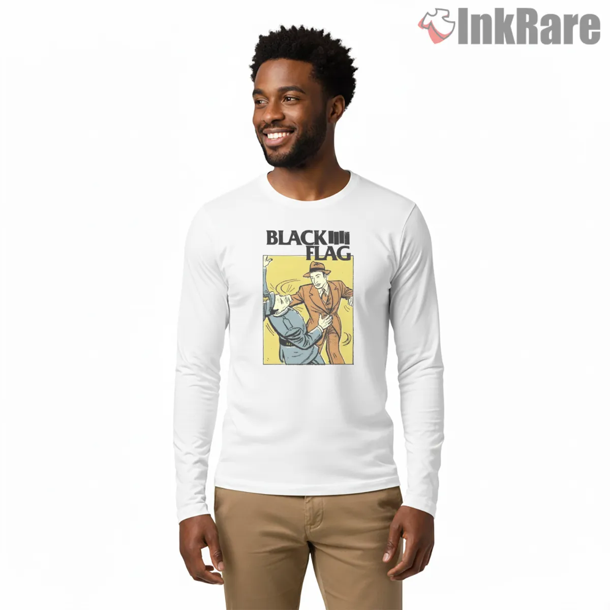 Black Flag Vintage Punch Comic Shirt on white long sleeve shirt for men graphic tee