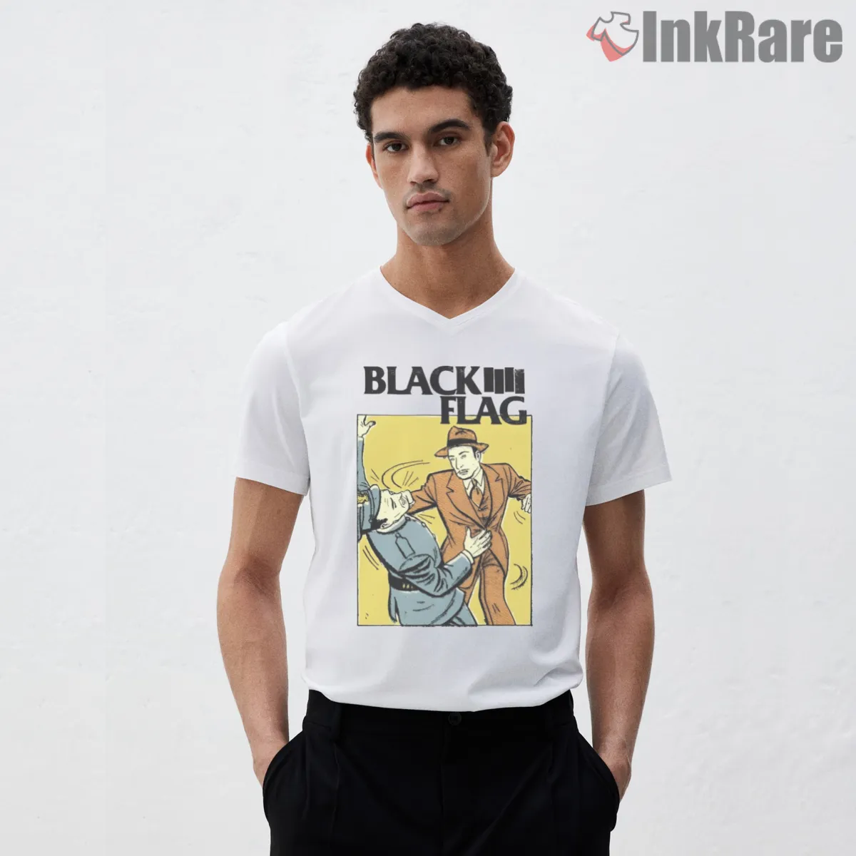 Black Flag Vintage Punch Comic V Neck White Black Flag Vintage Punch Comic Shirt on white v-neck shirt for men graphic tee