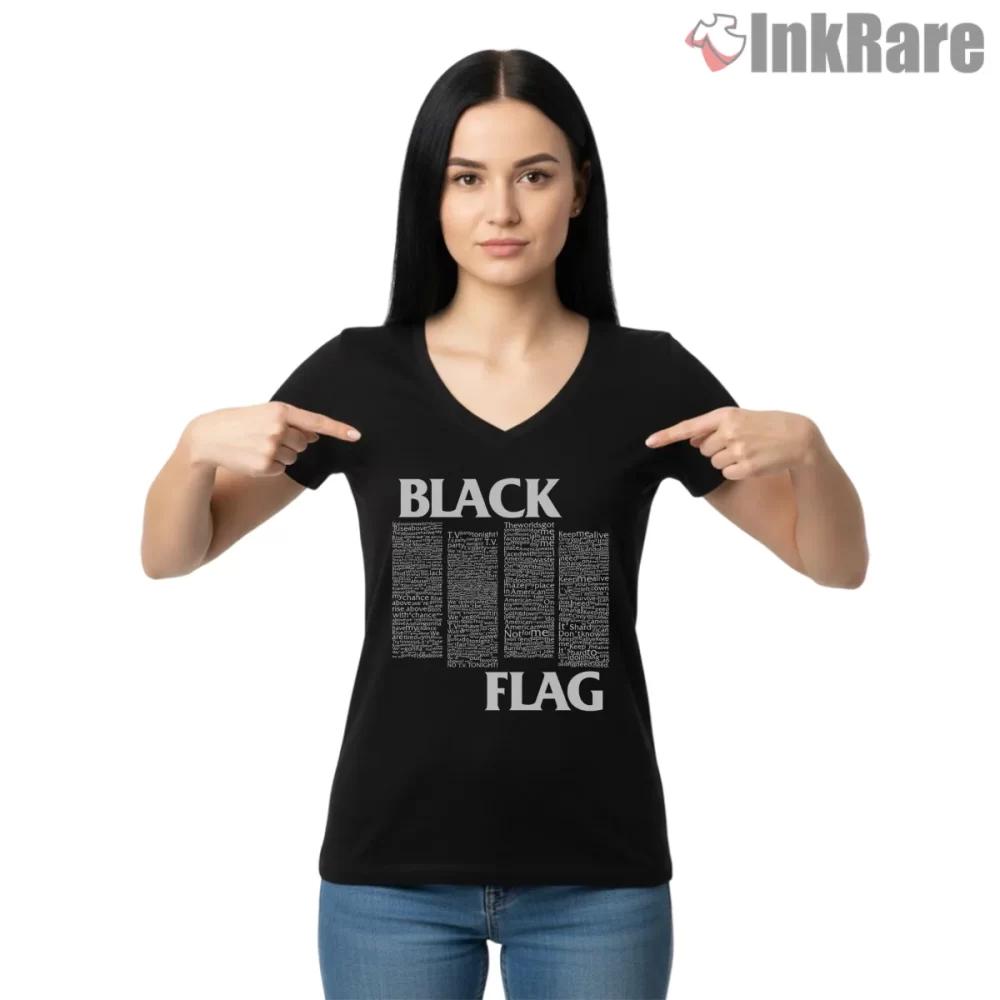 Black Flag Vintage Typography Bars Shirt on black v-neck shirt for women graphic tee