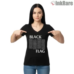 Black Flag Vintage Typography Bars Shirt on black v-neck shirt for women graphic tee