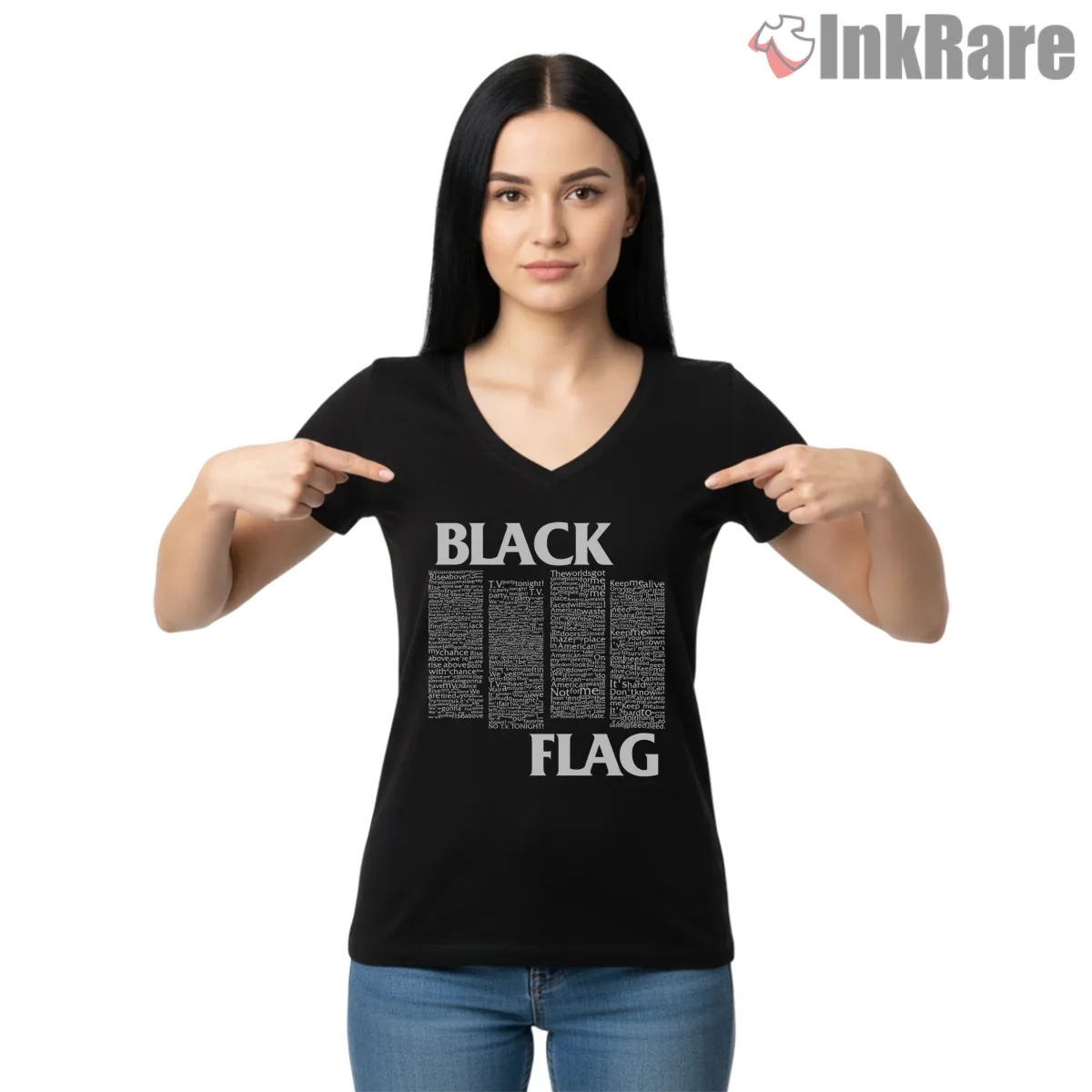 Black Flag Vintage Typography Bars V Neck Black Black Flag Vintage Typography Bars Shirt on black v-neck shirt for women graphic tee