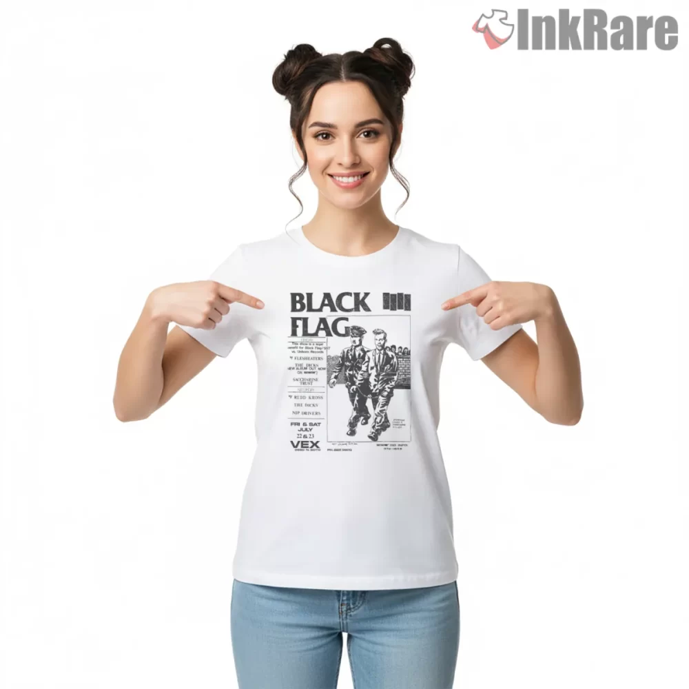 Black Flag Wasted Show Flyer Shirt on white short sleeve shirt for women graphic tee
