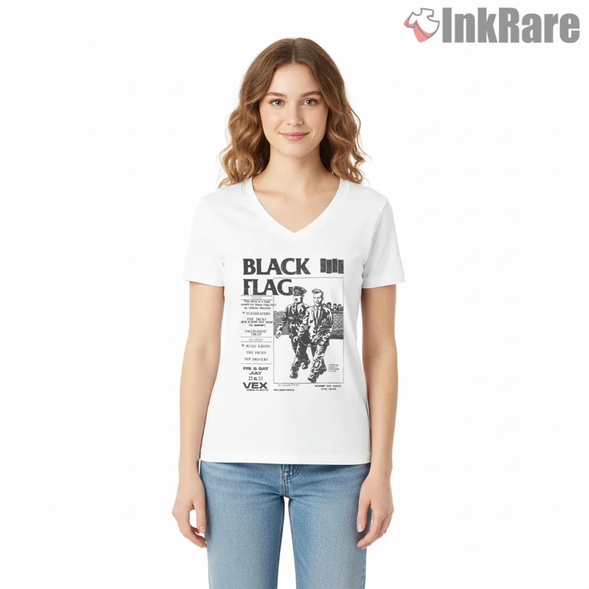 Black Flag Wasted Show Flyer V Neck White Black Flag Wasted Show Flyer Shirt on white v-neck shirt for women graphic tee