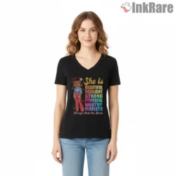 Black Girl Magic Betty Boop Rainbow Empowerment Shirt on black v-neck shirt for women graphic tee