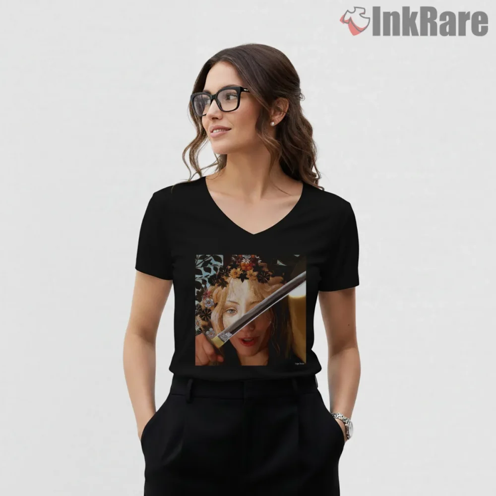 Black Mamba Meets Botticelli Flora Renaissance Mashup Shirt on black v-neck shirt for women graphic tee
