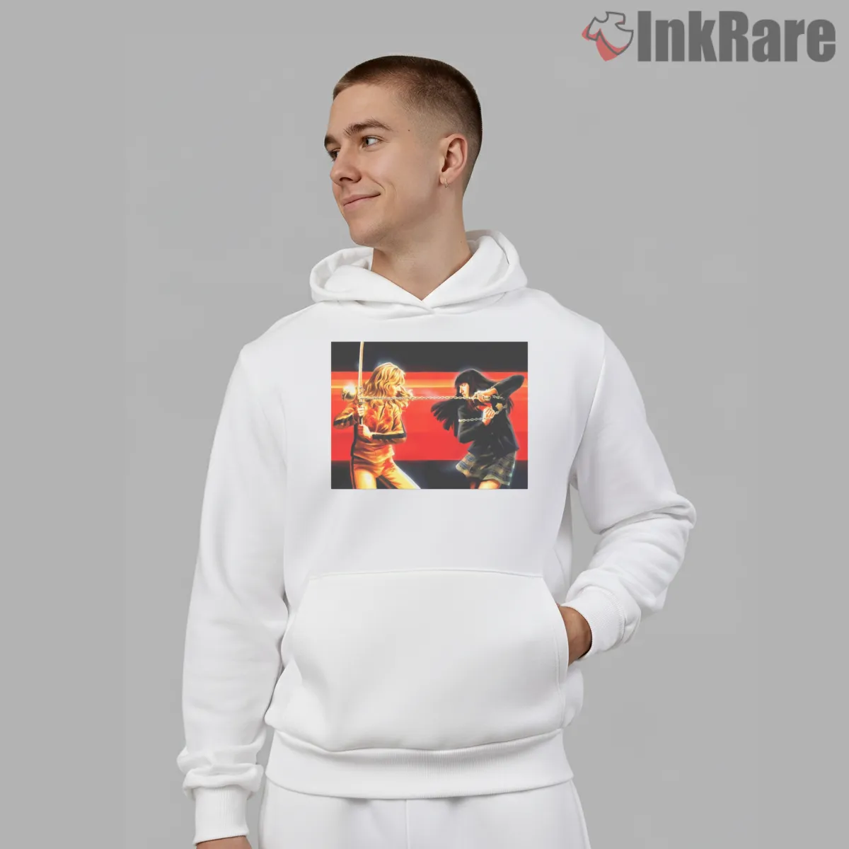 Black Mamba Vs Gogo Yubari Duel Scene Kill Bill Hoodie White Black Mamba Vs Gogo Yubari Duel Scene Kill Bill Shirt on white hoodie for men graphic tee