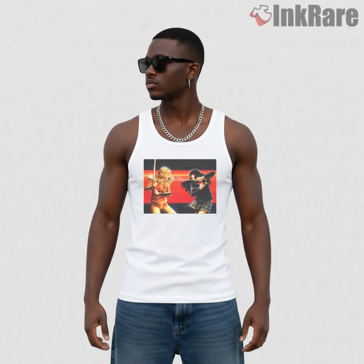 Black Mamba Vs Gogo Yubari Duel Scene Kill Bill Tank Top White Black Mamba Vs Gogo Yubari Duel Scene Kill Bill Shirt on white tank top for men graphic tee