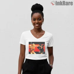 Black Mamba Vs Gogo Yubari Duel Scene Kill Bill Shirt on white v-neck shirt for women graphic tee