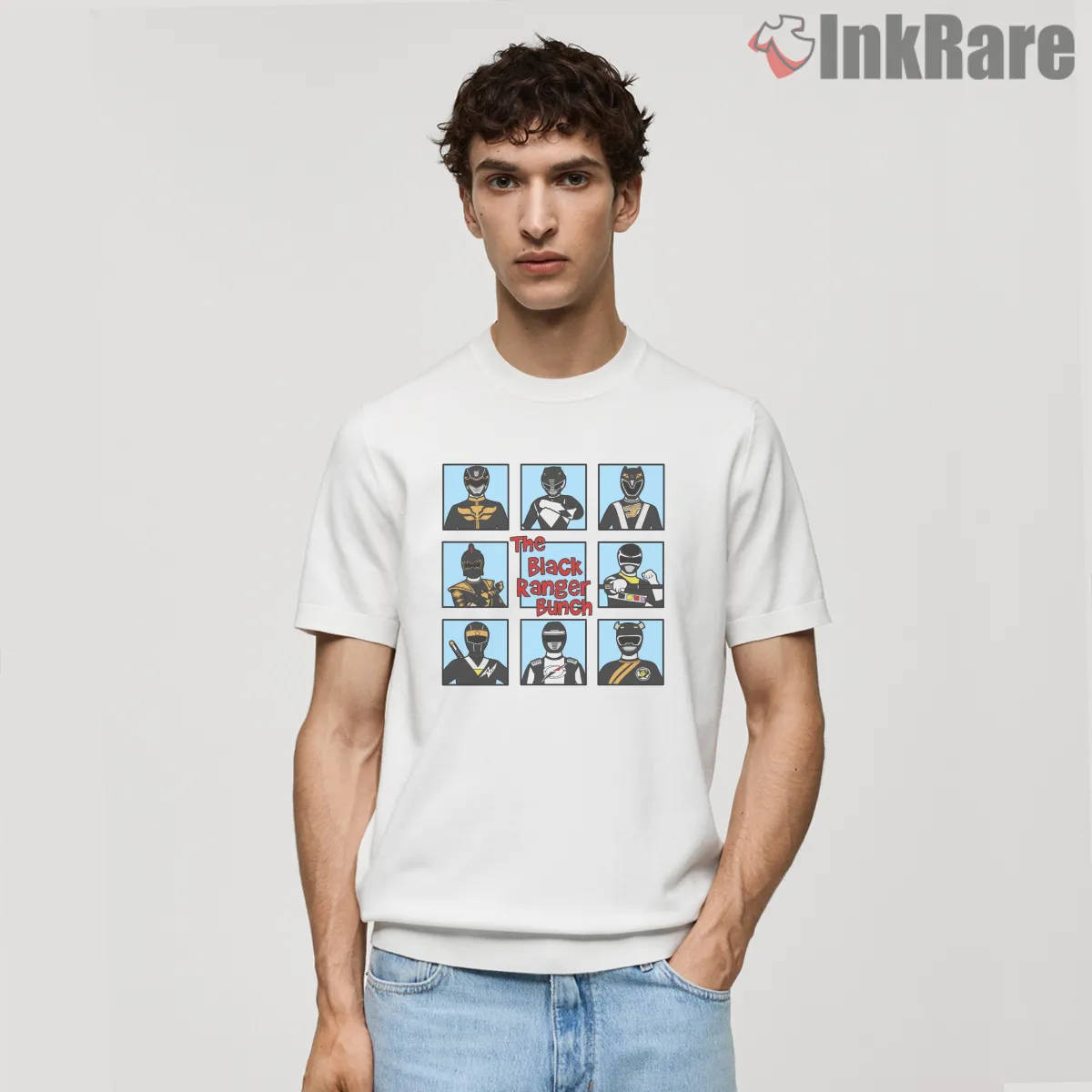 Black Ranger Comic Panel Hero Collage Shirt on white short sleeve shirt for men graphic tee