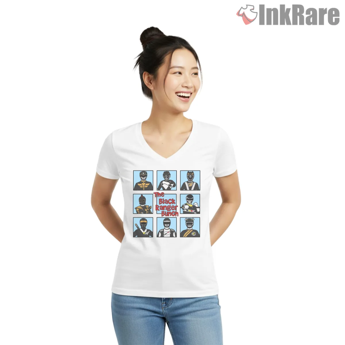 Black Ranger Comic Panel Hero Collage V Neck White Black Ranger Comic Panel Hero Collage Shirt on white v-neck shirt for women graphic tee