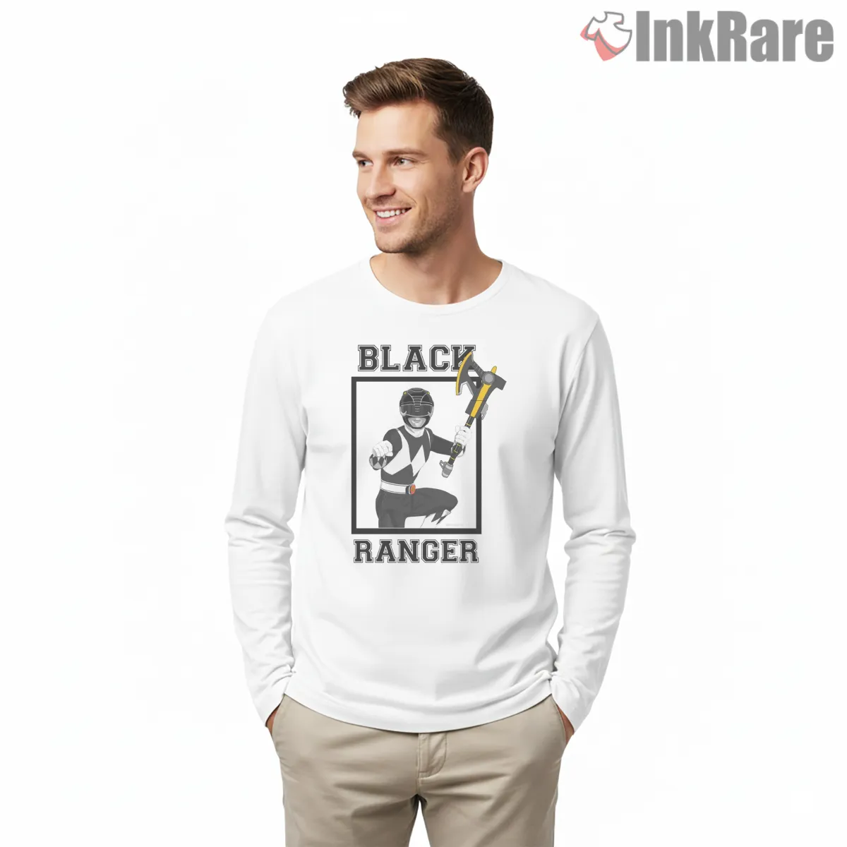Black Ranger Zack Retro Hero Pose Long Sleeve White Black Ranger Zack Retro Hero Pose Shirt on white long sleeve shirt for men graphic tee