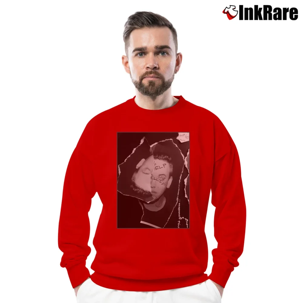 Men’s Blackbear Help Merch Store Graphic Crewneck Sweatshirt in red | Cozy Fabric, Clean Style