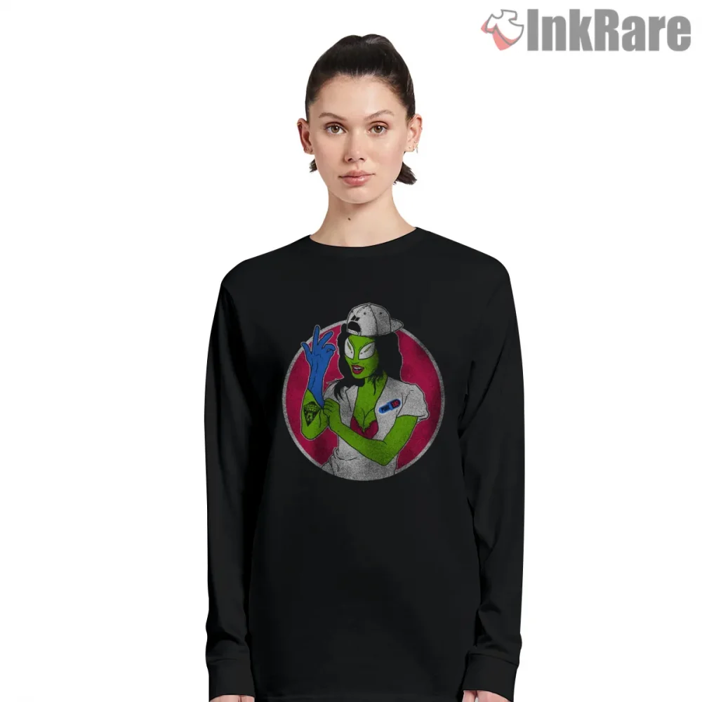 Blink 182 Alien Nurse Punk Cartoon Circle Shirt on black long sleeve shirt for women graphic tee