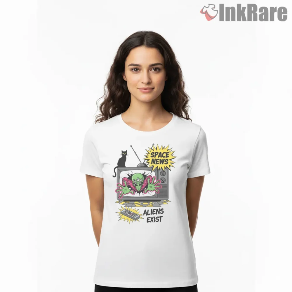 Blink 182 Aliens Exist Tv Broadcast Cartoon Shirt on white short sleeve shirt for women graphic tee