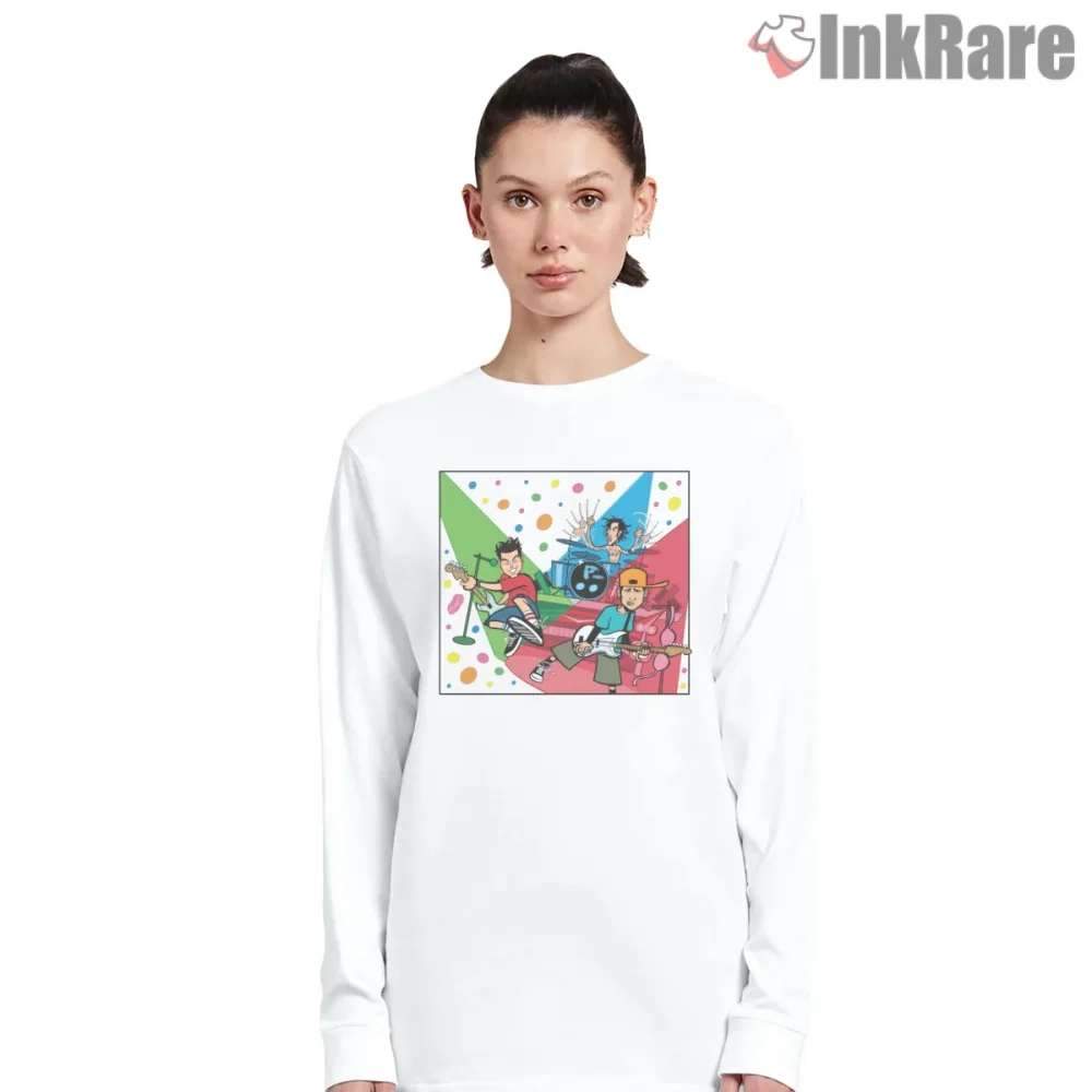 Blink 182 Cartoon Band Trio Pop Punk Scene Shirt on white long sleeve shirt for women graphic tee