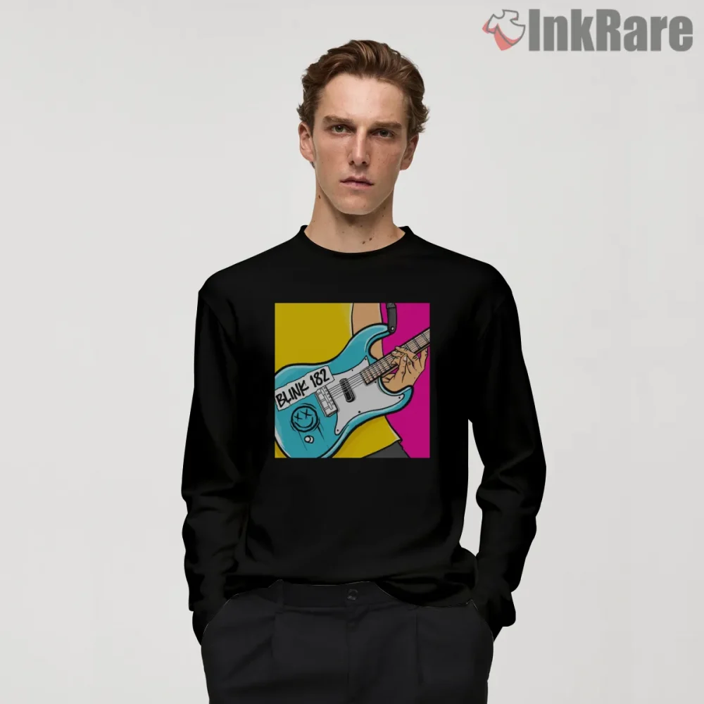 Blink 182 Cartoon Guitar Player Pop Color Shirt on black long sleeve shirt for men graphic tee