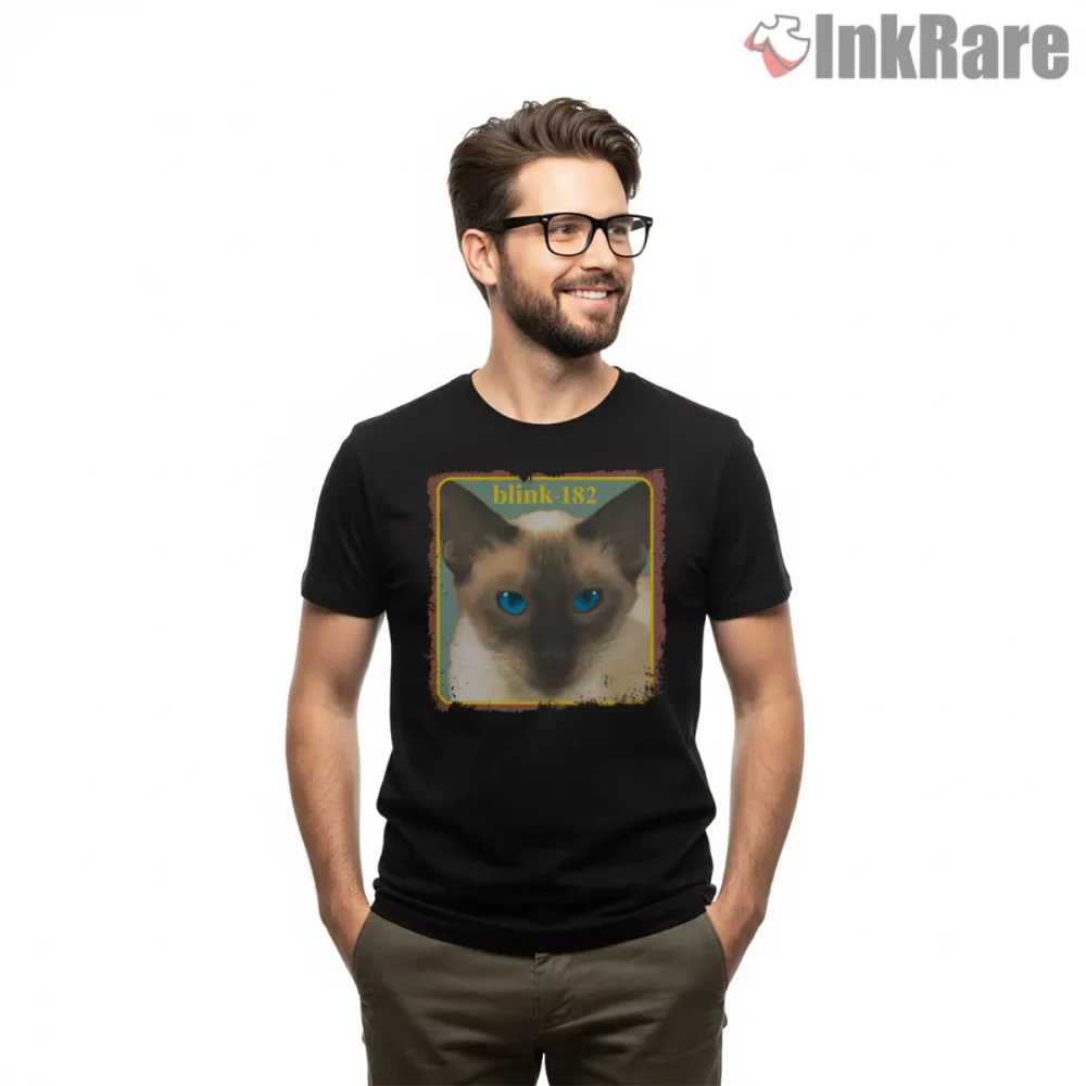 Blink 182 Cheshire Cat Album Inspired Blue Eyes Shirt on black short sleeve shirt for men graphic tee