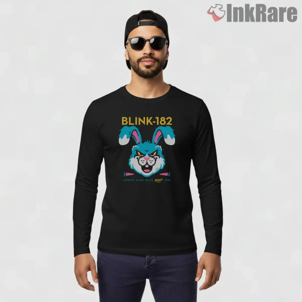 Blink 182 Crappy Punk Rock Rabbit Mascot Shirt on black long sleeve shirt for men graphic tee