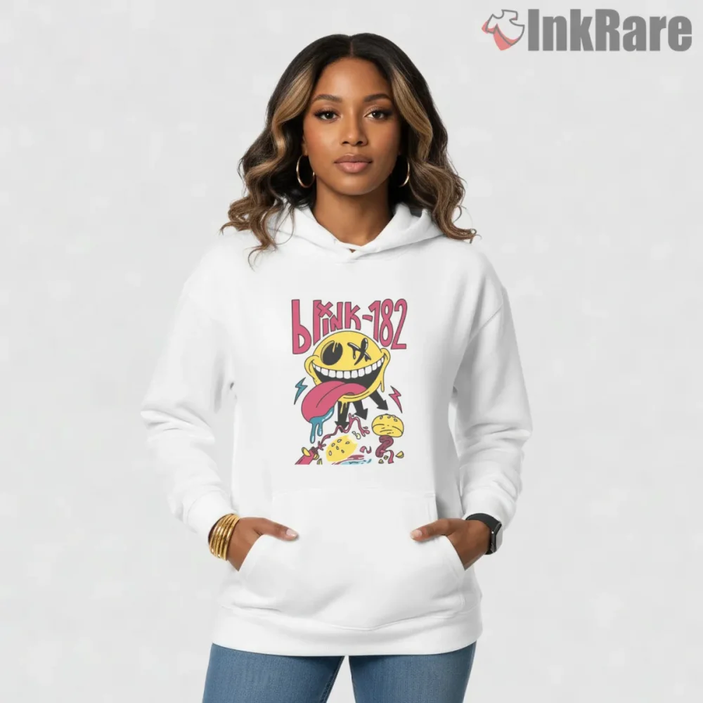 Blink 182 Crazy Smiley Tongue Out Punk Cartoon Shirt on white hoodie for women graphic tee