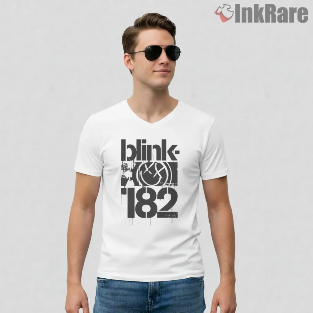Blink 182 Distressed Logo Grunge Punk Text Shirt on white v-neck shirt for men graphic tee